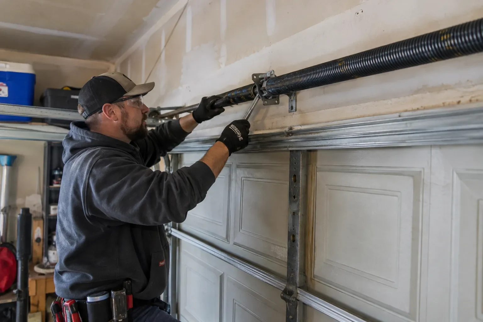 Technician in a black cap holding a wrench to a coiled black spring above a paneled door, with a blue cooler behind.