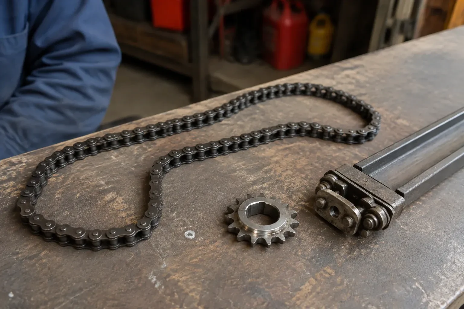 A detached metal roller chain, toothed sprocket and rail component rest on a worn garage workbench. — Chain-Drive Opener Repair, Toronto