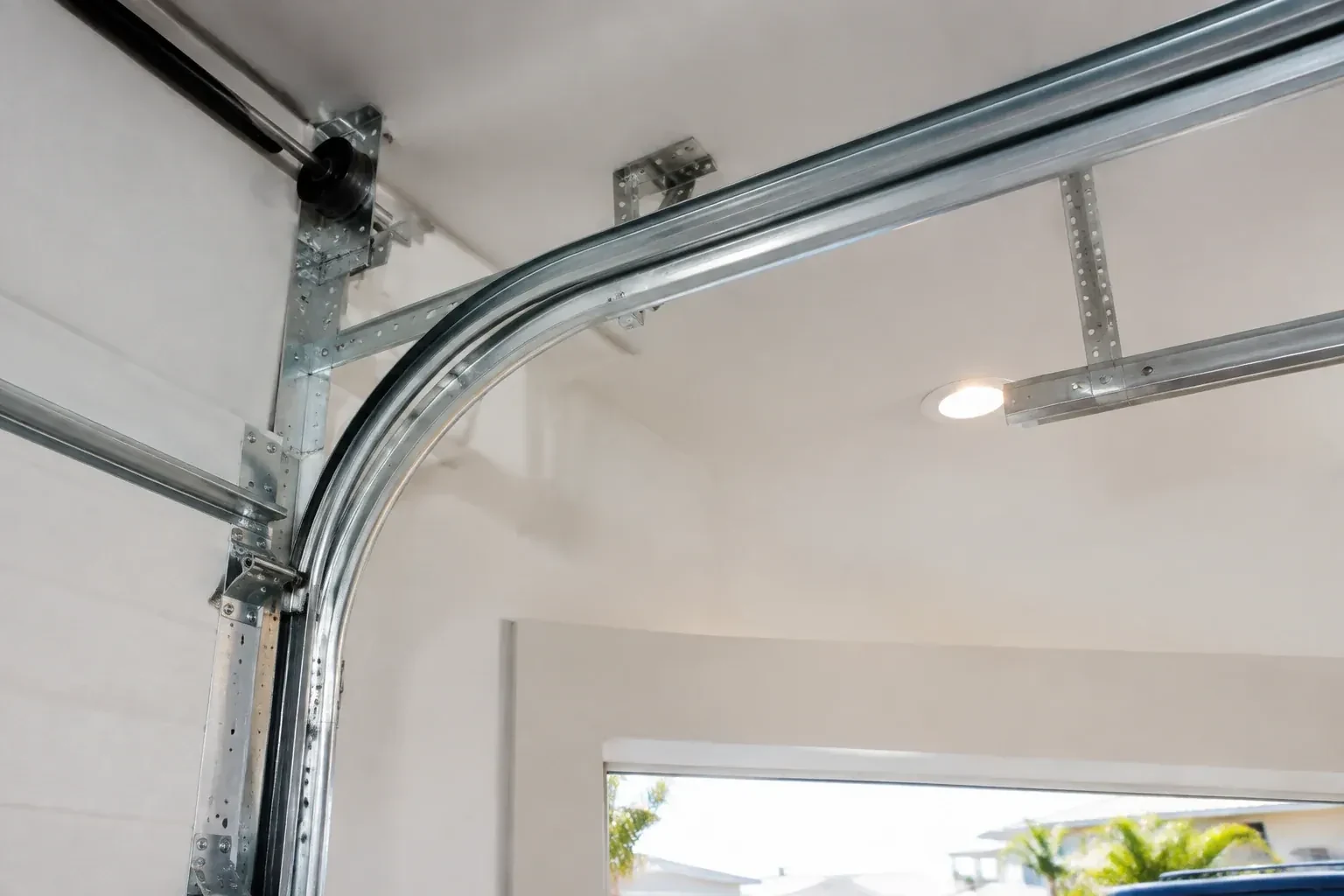 Curved galvanized steel track bending from the vertical door track into the ceiling, with perforated brackets and a recessed light. — Garage Door Track Repair or Replacement, Toronto