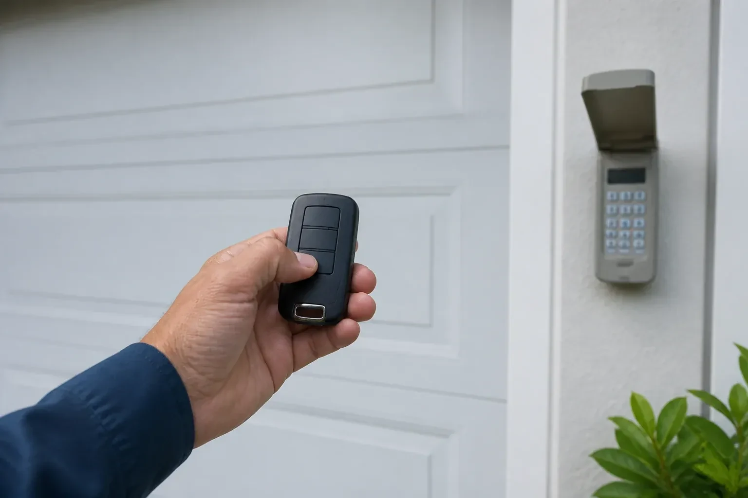 Hand holding a black three-button remote in front of a white paneled door, with a wall keypad and open cover at right. — Garage Door Remote and Keypad Programming, Toronto