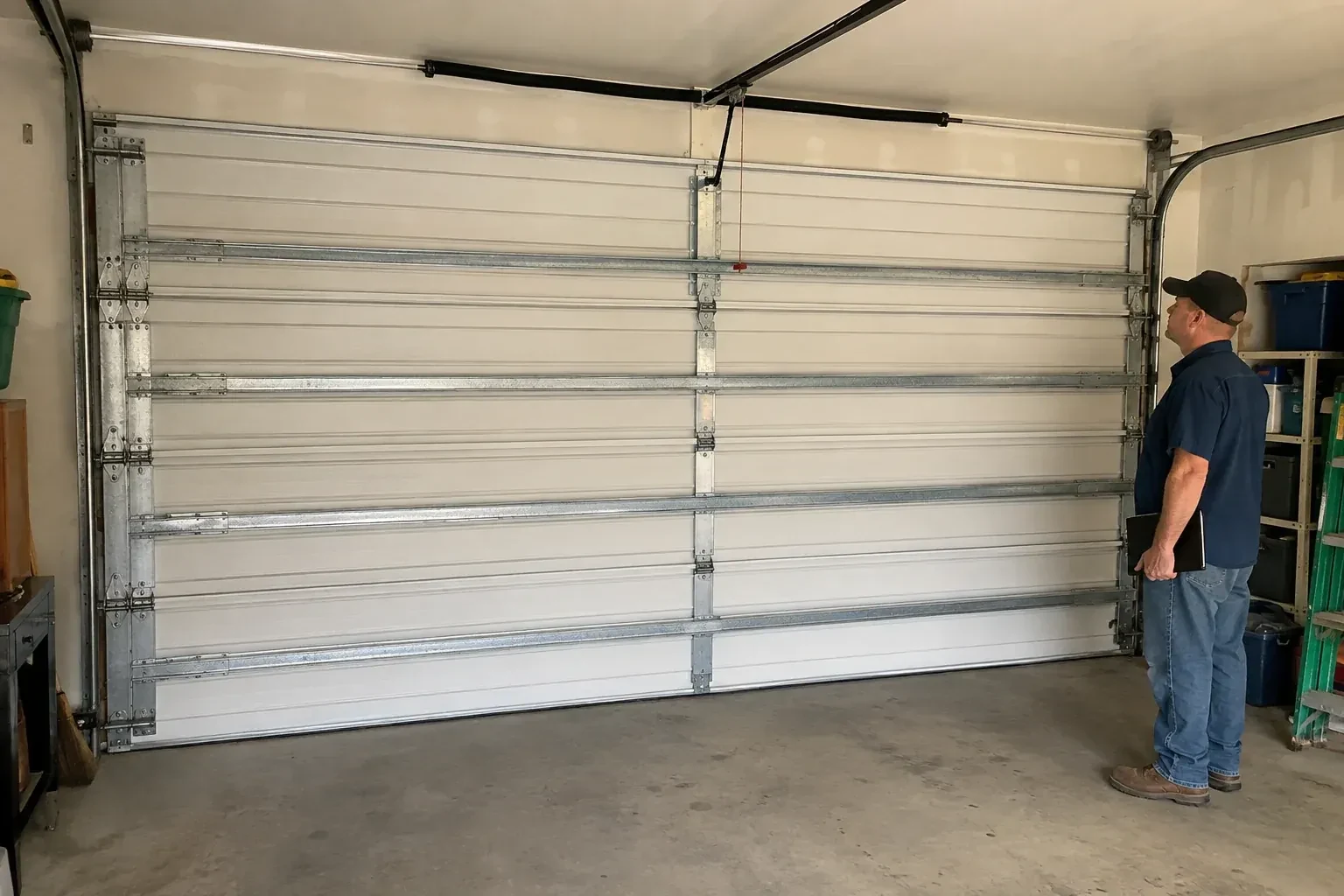 A person examines horizontal metal reinforcement members across the interior of a closed garage door. — Wind-Rated Garage Door Replacement, Toronto