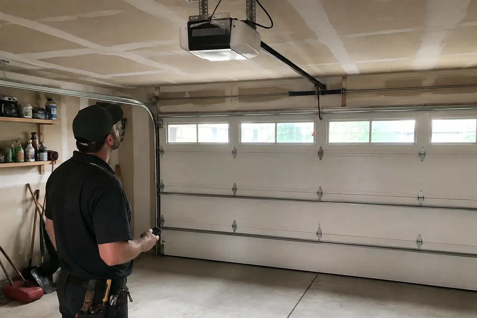 A person looks at an overhead opener above a closed garage door with a row of windows. — Garage Door Opener Replacement, Toronto