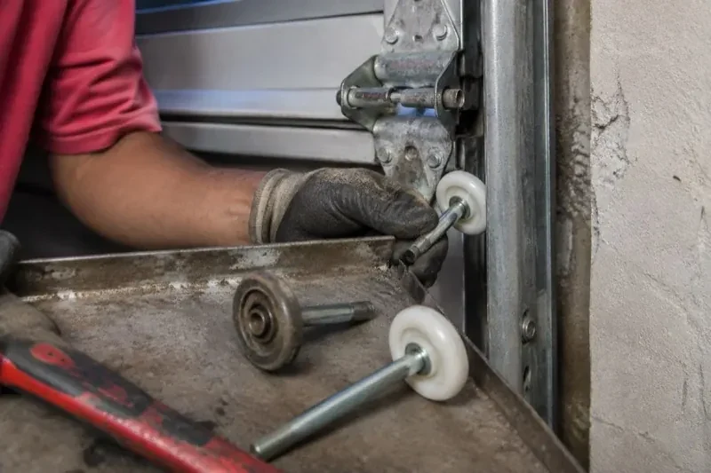 Gloved hand holding a white garage-door roller beside its track, with two loose rollers and a red tool on a tray. — Garage Door Roller Replacement, Toronto