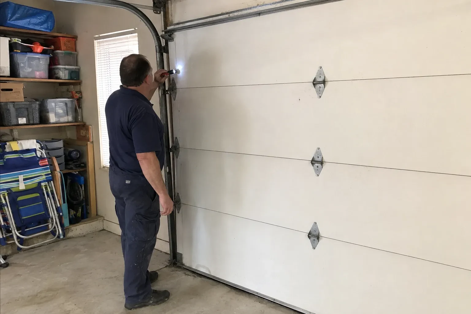Technician in navy clothes shining a small flashlight at the upper track and hinge of a closed white sectional garage door.